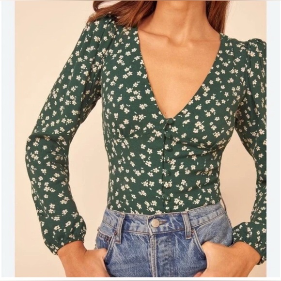 Like new Reformation Annette ditsy floral green/white size Large boho romantic - Picture 3 of 10